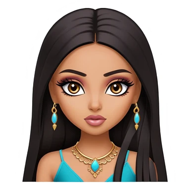 pretty bratz baddie, medium skin, dark long straight hair, arabian face, pretty eyeliner makeup sticker