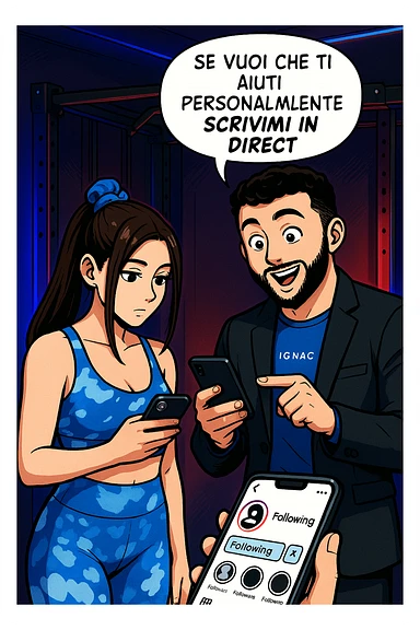 TRASFORMA QUESTO CAROSELLO IN UN FUMETTO STILE WEBTOON/MANGA A COLORI CON QUESTE DUE PERSONE IDENTICHE CHE INTERLOQUISCONO TRA LORO, L'UOMO MOSTRA UNO SMARTPHONE ALLA DONNA INDICANDOLO, E ANCHE LA DONNA HA LO SMARTPHONE IN MANO PER ANDARE A SEGUIRE IL SUO PROFILO INSTAGRAM:

LUI (UOMO): Se vuoi che ti aiuti personalmente
SCRIVIMI IN DIRECT sticker