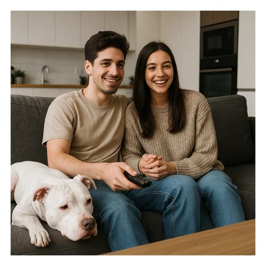 boyfriend and girlfriend on a couch, watching TV, white pitbull lying beside them, modern home setting sticker