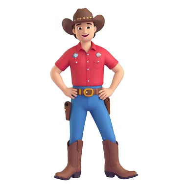 smiling cowboy in Jurassic Park shirt with visible logo, hands on hips, classic western boots sticker