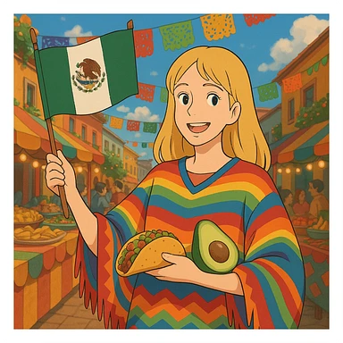 ghibli style cartoon of a tall blonde woman in a colorful poncho, smiling, holding a taco and avocado, waving a Mexico flag, festive street party background with food and decorations sticker