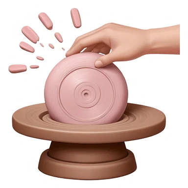 single hand throwing a pink ball of clay onto a pottery wheel, only one hand visible in the frame sticker