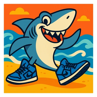 playful shark at the beach shore, each fin sporting a blue Jordan sneaker, with waves in the background, fun and lively style sticker