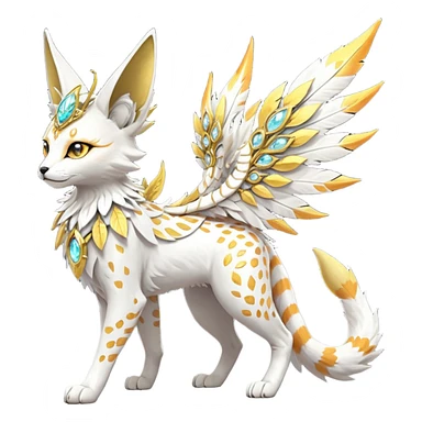 Epic complex fantasy glorious detailed futuristic divine godly angelic feathery sunny, white, albino, pastel, golden, orange glowing sparkly, realistic Fakémon-Sprigatito-Floragato-Meowscarada-Trico-Sergal-Serval-Solgaleo-Vernid-creature (full body) solarpunk, shiny sparkly with a gold laurel sticker