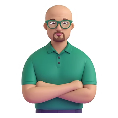 muscular bald man with a red chin goatee, wearing a dark green polo shirt and dark green glasses sticker