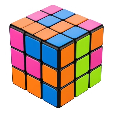A 3x3 Rubik's Cube completely scrambled, with 90s American color palette, fluorescent orange, lime green, hot pink, electric blue, viewed from above sticker