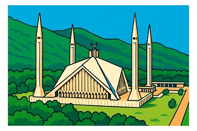 Create an illustration of Faisal Mosque in vibrant toon style with lush green surroundings and bright architectural details, inspired by the reference image. sticker