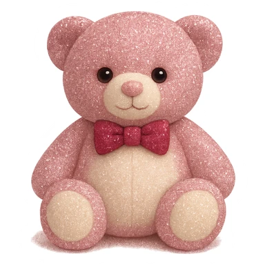 Add a touch of glitter to the teddy bear and its bow tie, keeping the pink and white fur, flat lighting, no shadows or background, soft plush look, maintain transparency. The style should reflect a soft plush teddy bear with pink and white fur and a glittery bow tie, with flat lighting and no shadows or background. sticker