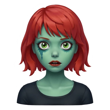 Zombie girl emoji with short red hair and bangs. Blue eyes, green skin, and a black top Her hair is slightly wavy sticker