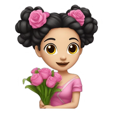 45 degree - white skin girl - black hair bun - wearing crazy pink cloth -holding bouquet sticker