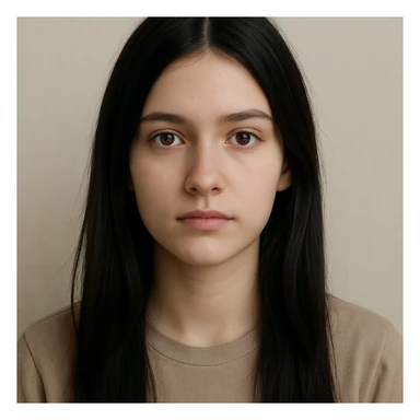 white girl with black long hair and brown eyes, neutral expression, simple background sticker