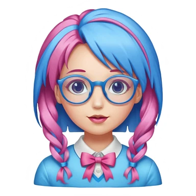 candy girl with very long blue-pink mixed candy hair with ribbon and no tattooes, with glassess sticker
