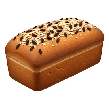 dense rectangular loaf of whole grain bread with dark brown crust, coarse textured surface speckled with seeds, slightly domed matte top, rustic hearty look, one or two thick slices beside it revealing grainy compact crumb, no plate, knife, or extras, soft lighting, subtle shadows, emoji scale sticker