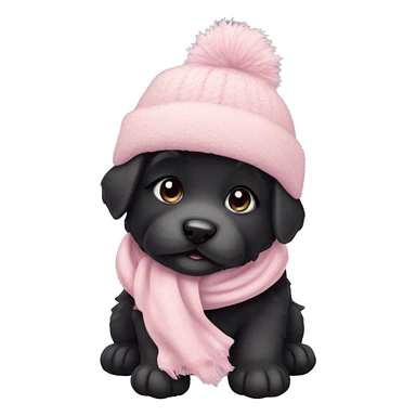 fluffy chubby black puppy with pale pink winter hat pale pink scarf sticker