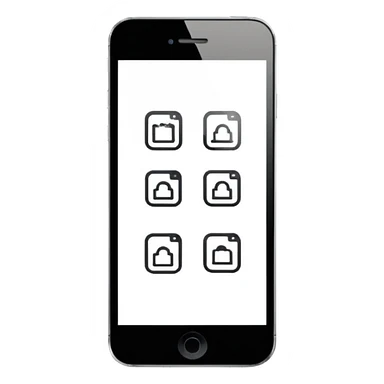Minimalistic flat vector icon, iOS style, thin black contour on white background. Three small developer silhouettes around a smartphone with code brackets <>. Clean, no text, no shadows sticker