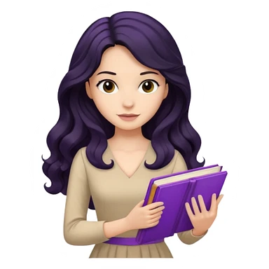 Long Hair Women with purple Book, Black wavy hair, beige dress sticker
