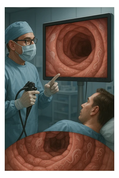 A medical cinematic illustration showing a patient undergoing a colonoscopy in a modern clinical setting. On the monitor, the endoscopic camera shows smooth, healthy-looking intestinal mucosa — clean and without evidentiary signs. But layered symbolically in the background (or faded into the intestinal wall), tiny parasitic organisms like protozoa and helminths are subtly depicted hiding between folds, or embedded deeper in tissues, undetectable by the surface-only scope. The doctor gestures with confidence, while the patient remains unaware that the test might not reveal the true underlying infection. The scene has cool clinical lighting, shallow depth of field, and realistic anatomy, overlaid with symbolic, almost ghost-like imagery of parasites sticker