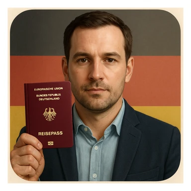 realistic style portrait of a serious but friendly person holding a German passport, with subtle German flag elements, suitable for a mobile app icon about permanent residency or citizenship in Germany sticker