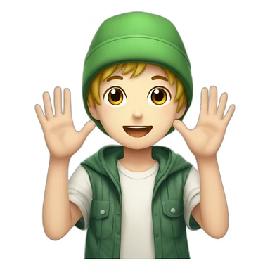 a anime boy wearing a green hat and holding his hands up, a digital rendering, remodernism, and celebrate sticker