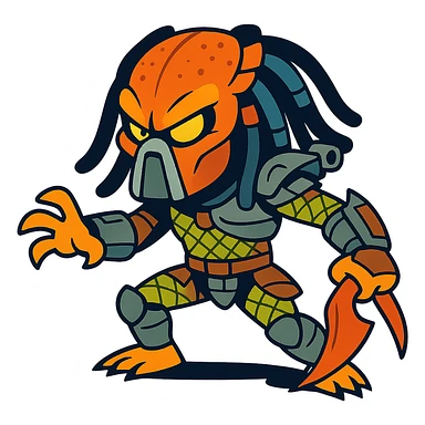 Predator, stylized cartoon version, exaggerated features, playful, bright colors, dynamic pose sticker