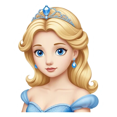 Cinematic Realistic Noble Cinderella Portrait, depicted with porcelain skin rendered in lifelike detail and soft, natural lighting that highlights every delicate nuance. Her intricately styled golden-blonde hair is arranged in an elegant updo, and her deep, expressive blue eyes radiate quiet determination. She wears her classic ball gown with rich fabric textures and delicate folds catching the light beautifully, all set against a subtly glowing, natural background that captures the essence of timeless royal grace. sticker