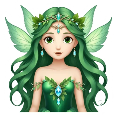 CGI, ultra detailed Forest fairy with long flowing hair, large shinning eyes, and beautiful jewel like luminescent wings. She is wearing a gorgeous gown of leaves sticker