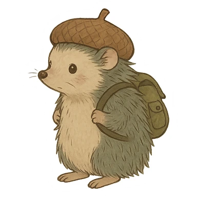 hedgehog with a tiny backpack and acorn hat, muted browns and sage green, ghibli style sticker