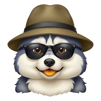 Husky dog wearing black sunglasses and a hat with duck pattern sticker