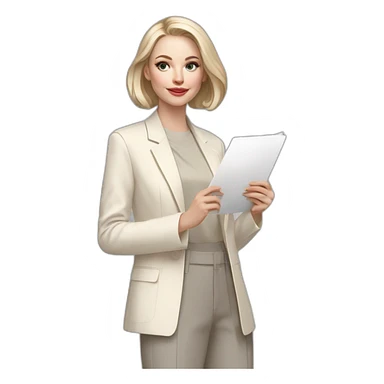 pale skin woman with ash blonde Straightened bob Hair, White Spacious classical jacket, beige palazzo Arrow pants and gray blouse holding a color palette in the hands sticker