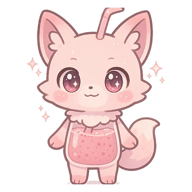 full-body chibi pastel pink fox-blender hybrid with transparent body showing smoothie inside, sparkling eyes, transparent background sticker