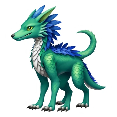 Cute cool fantasy animal hybrid Sergal-Digimon-Fakemon full body, green scales, brown eyes, blue feathers sticker