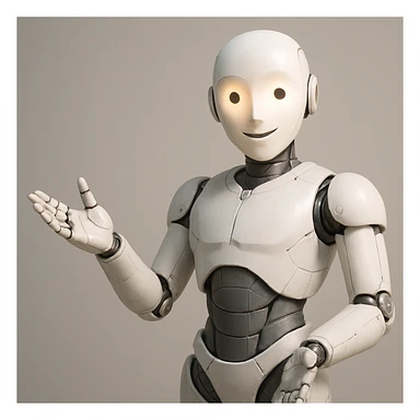 personified AI as white metal humanoid robot, articulated joints, softly illuminated face, welcoming posture sticker