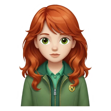 White red-haired girl with wavy long hair, brown eyes, and bangs and a green jacket sticker