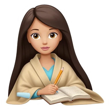 White Barbie girl with a long straight dark brown hair inside a pale beige blanket is writing a book sticker