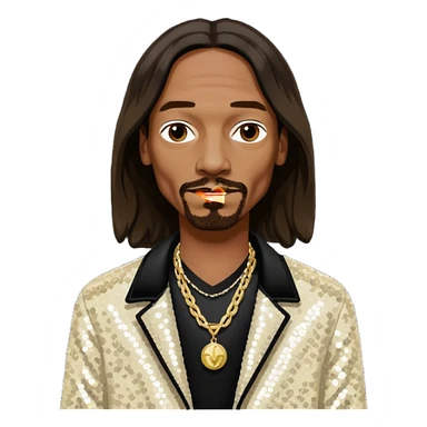 Snoop Dogg with long dark brown hair, ivory sequin jacket, black shirt with necklace sticker