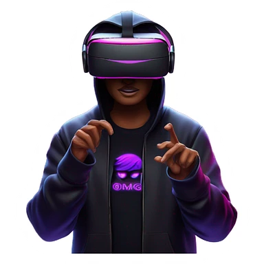 Donald Trump wearing a black hoodie with "OMG" letters on it and VR headset oculus quest 2 in a cyberpunk VR environment with violet neon lighting. sticker