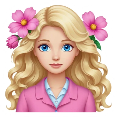 Blonde blue eyed women with long wavy hair pink flower background pink clothing sticker