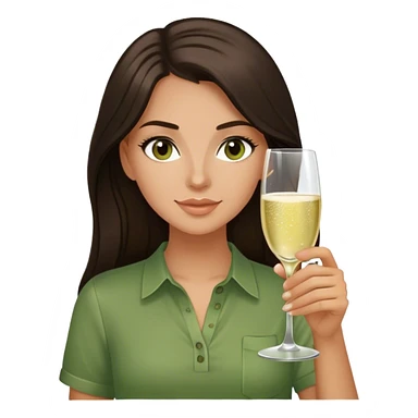 White girl with long dark brown hair and brown eyes and a green shirt with glass of champagne  sticker