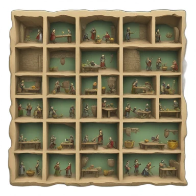 inside of a medieval mint showing different people working inside sticker