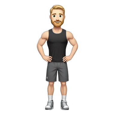 Full height Pale skinned fit man With biceps, Realistic eyes and mouth, light brown hair and stubble In dark gray sleeveless mike, black oversize sports shorts, watch and white sneakers. sticker