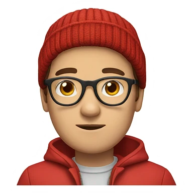 a hipster with short brown hair, glasses, a beanie, with a red jacket on sticker