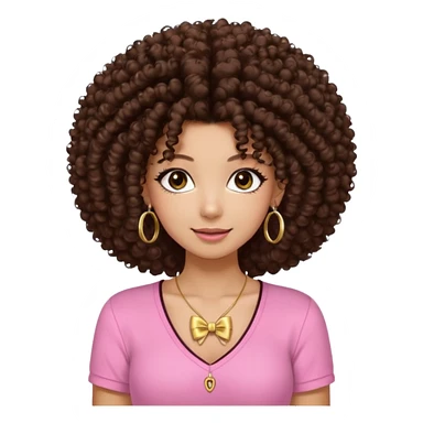 Naturally tan skin girl short darkBrown curly afropink shirt very long lashes hoop gold earrings Brown eyes gyaru smiling closed mouth cute bow hairclip small on the side. V neck pink shirt. Teenager bow on shirt, cleavage sticker