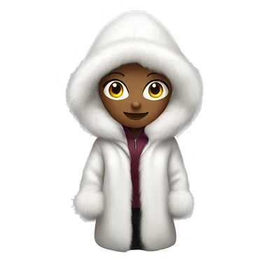 Woman wearing huge white fur coat with hood sticker