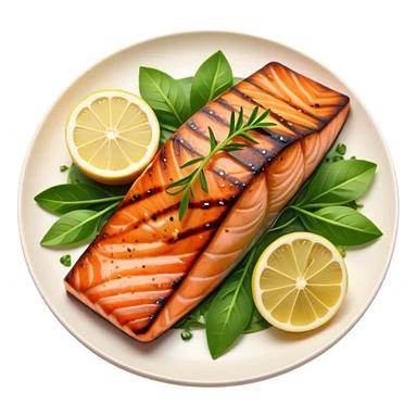 Cinematic perfectly grilled salmon, rich orange hues with crispy skin, garnished with fresh herbs, drizzled with lemon, ultra-detailed and delicious. sticker
