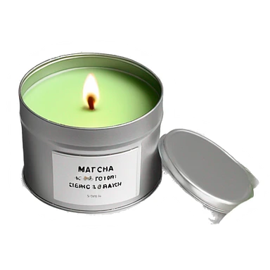 realistic, lit matcha scented candle, silver tin, small white label, text sticker