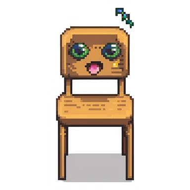 Pixel art of a wooden chair with cartoon eyes flying in the air sticker