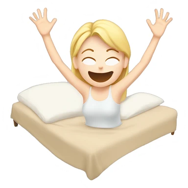 Happy pale girl wakes up in bed and stretches hands up in the air  sticker