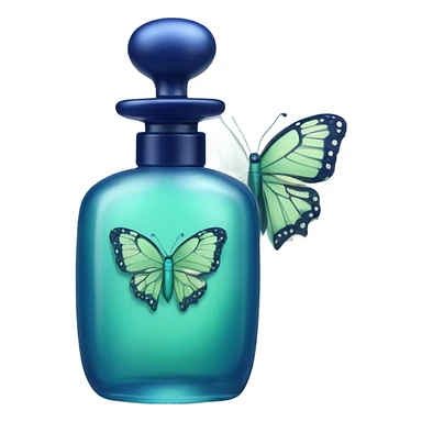  pastel green butterfly resting on an elegant blue perfume bottle with fork dark blue details. sticker