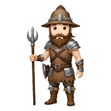 full body man long brown hair brown eyes medium beard white skin wearing boar hat and bark armor sticker