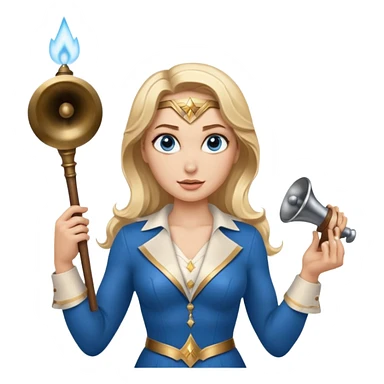 Blonde blue eyes Wonder Woman holding bell and short white orchestra conductor’s baton  sticker